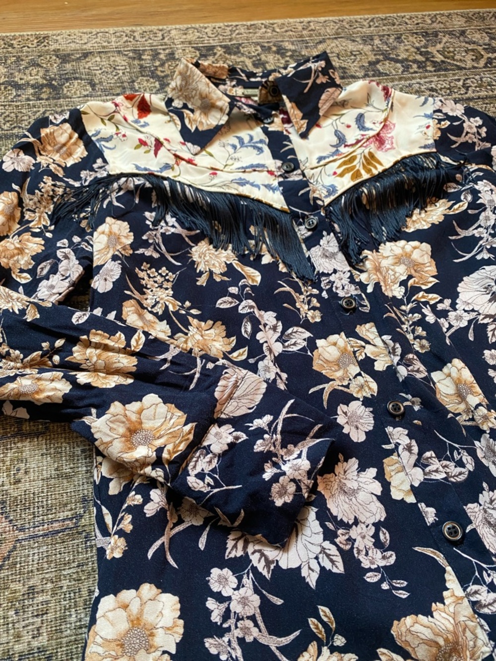 gimmicks by BKE Navy and Cream Floral Button-Down Shirt with Fringe